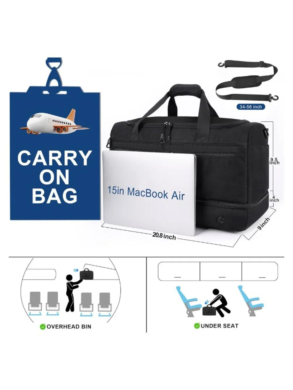 45L Carry-On Travel Duffel Bag with Shoe Compartment